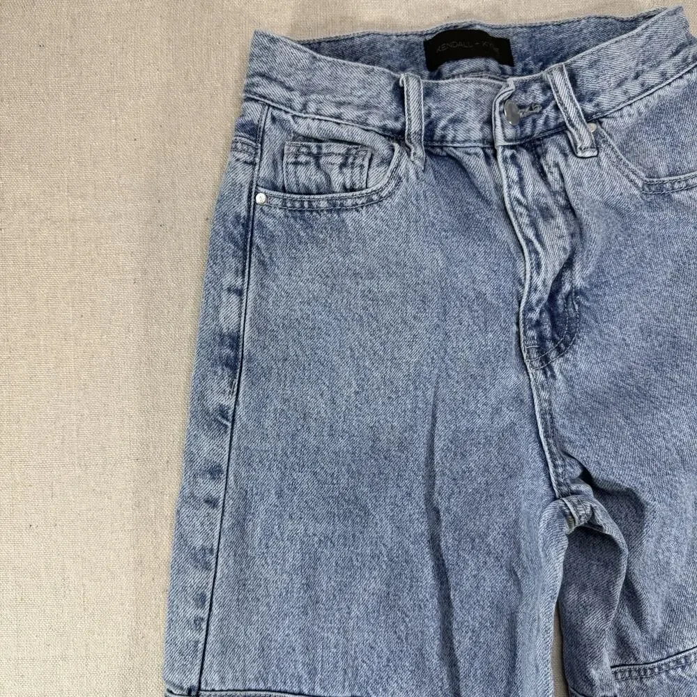 Kendall & Kylie Wide Leg Cargo Denim Jeans Light Wash High Waisted Flare 22W XXS